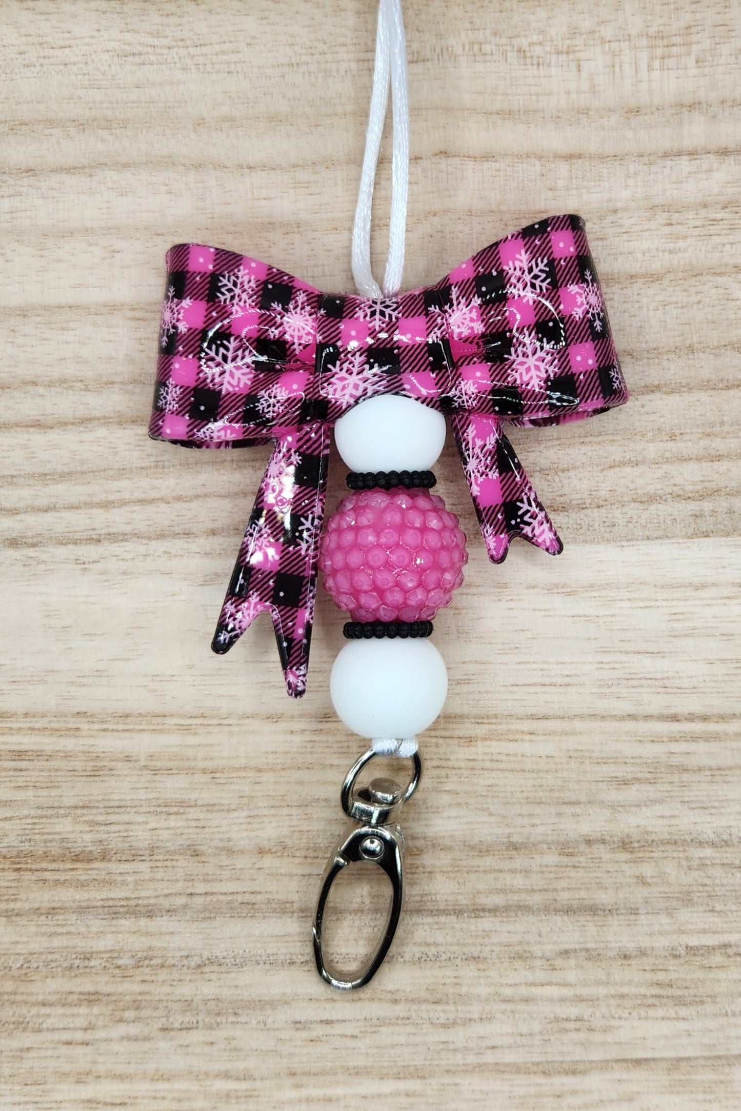 Lanyard-Large Bow Snowy Plaid (Hot Pink)