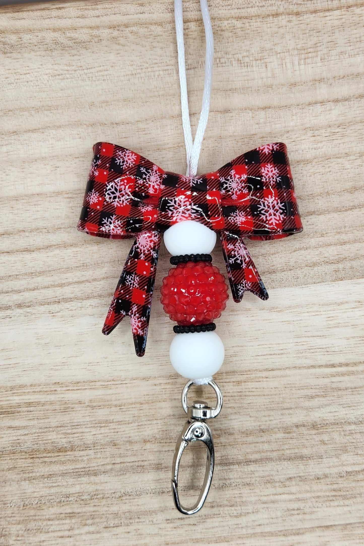 Lanyard-Large Bow Snowy Plaid (Red)