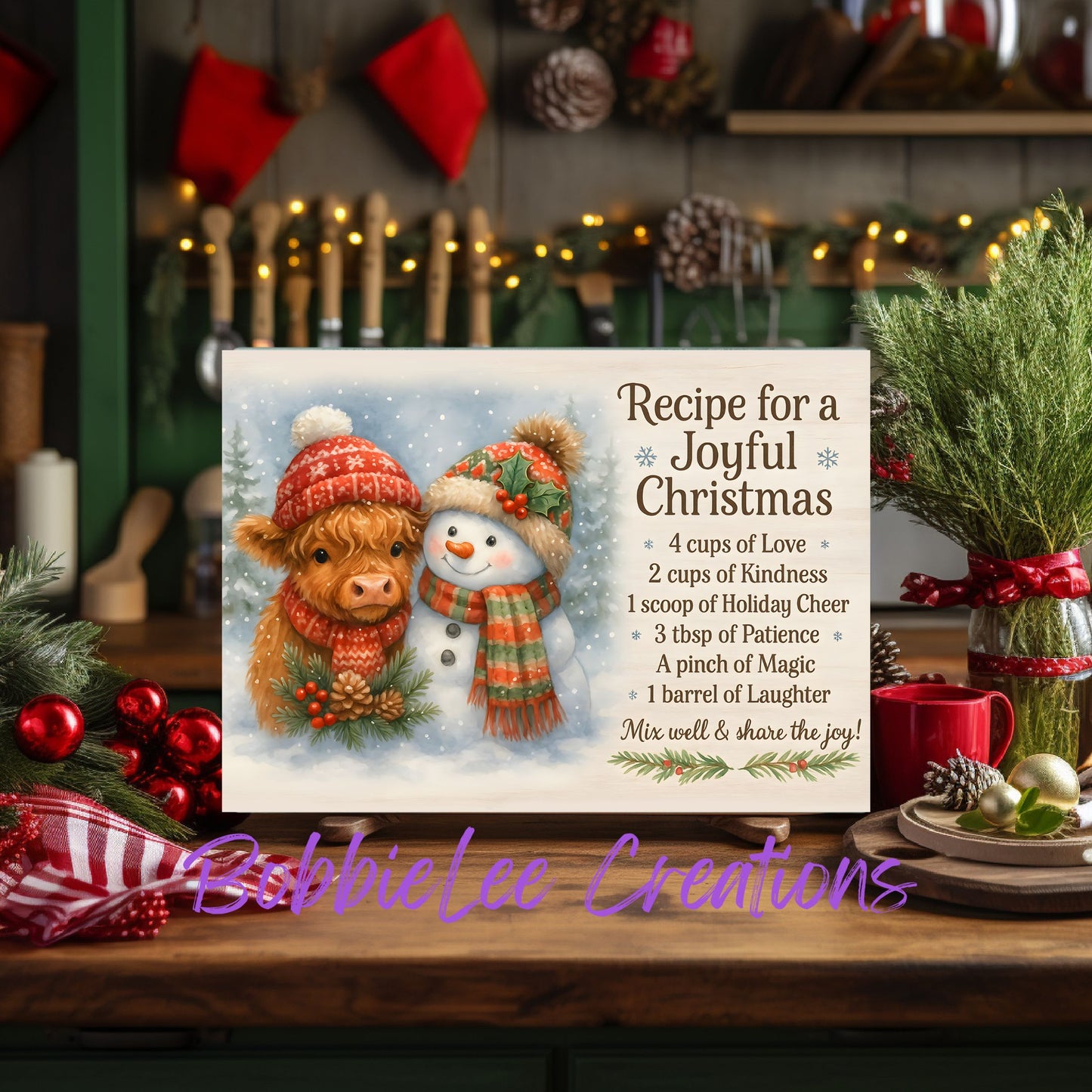Glass Cutting Board-Recipe for Joyful Christmas (Highland Cow & Snowman)