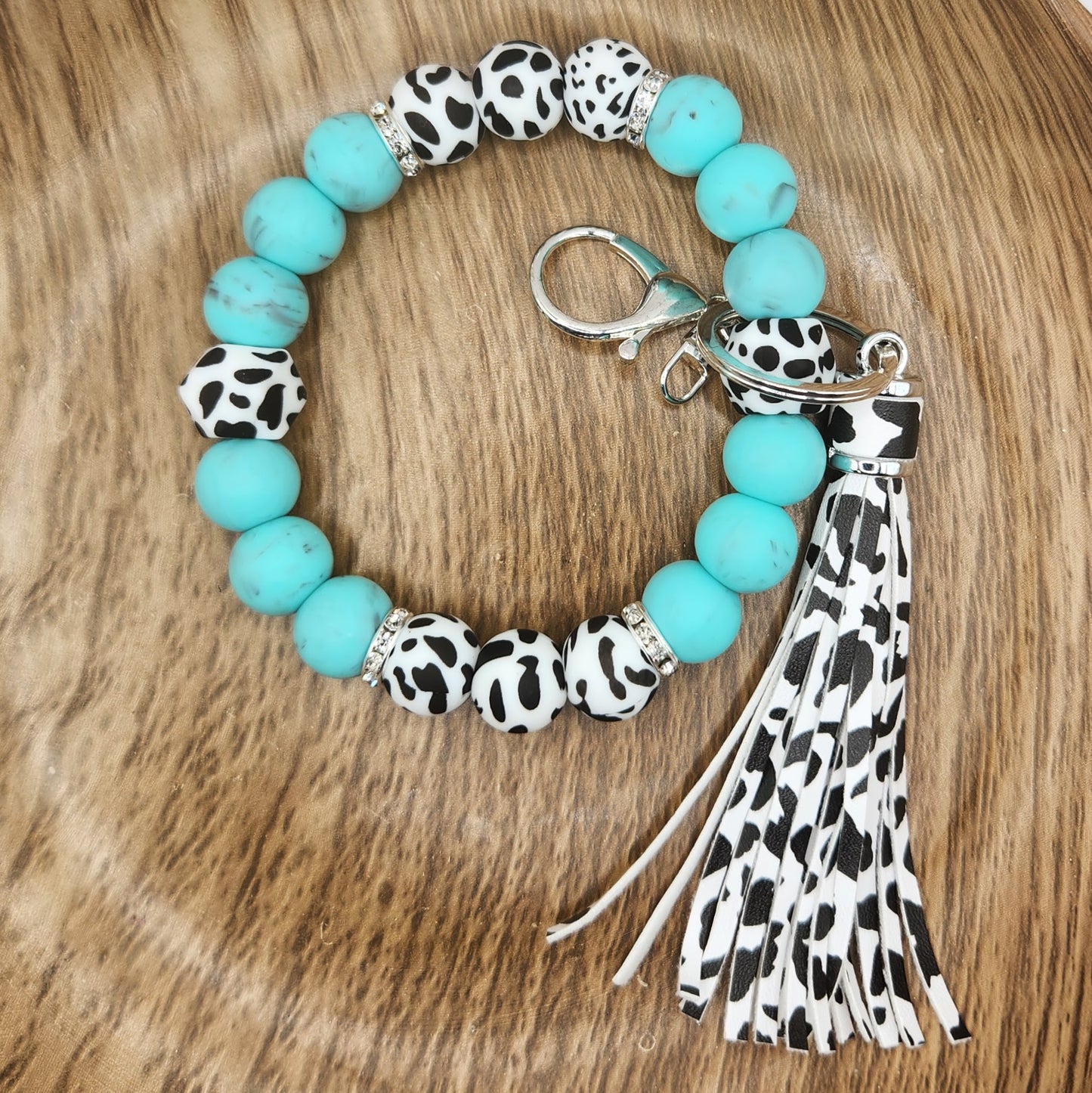 Wristlet Keychain-#073 Cowprint (Turquoise Marble)