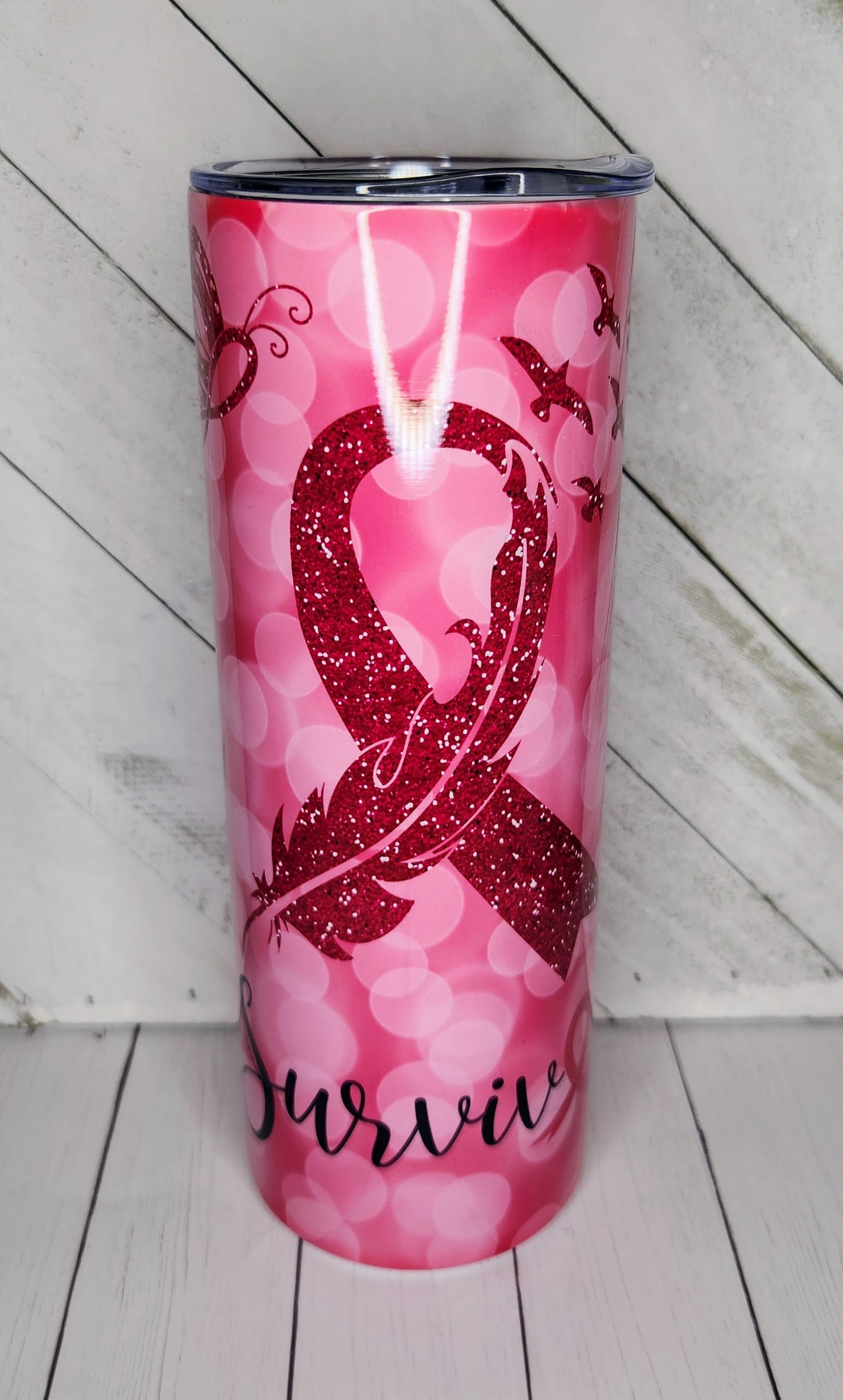 Stainless Steel Tumbler 20oz - Pink Feather Ribbon Survivor SF