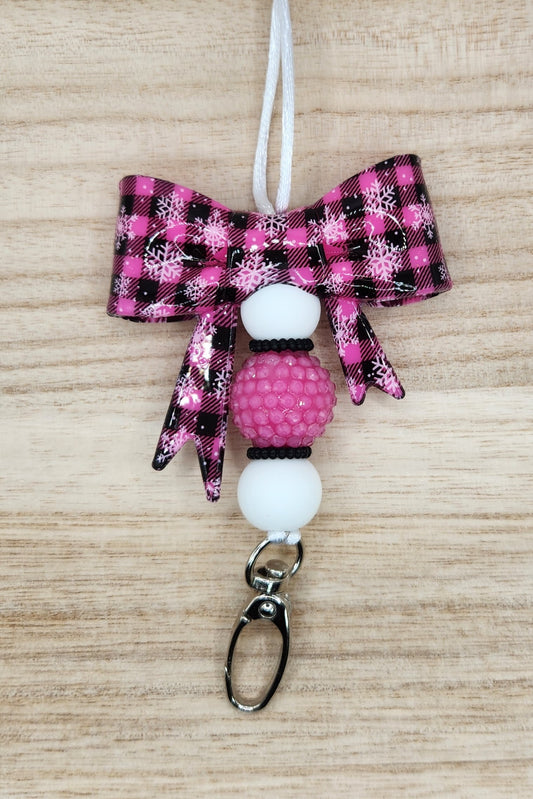Lanyard-Large Bow Snowy Plaid (Hot Pink)