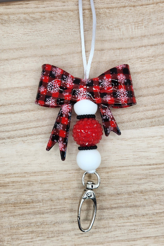 Lanyard-Large Bow Snowy Plaid (Red)