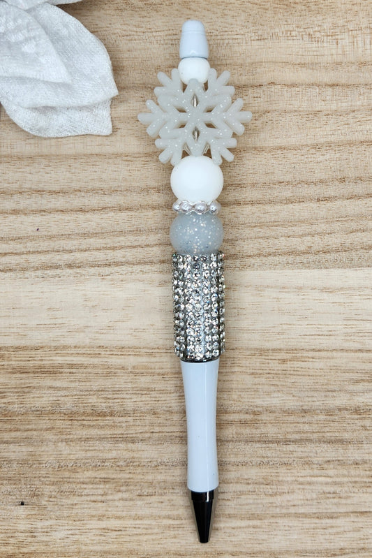 Half Rhinestone Pen-3D Silver Glitter Snowflake (White)