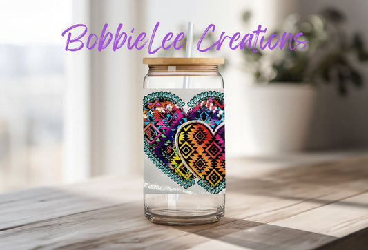16oz Glass or Plastic Cup-Aztec Hearts