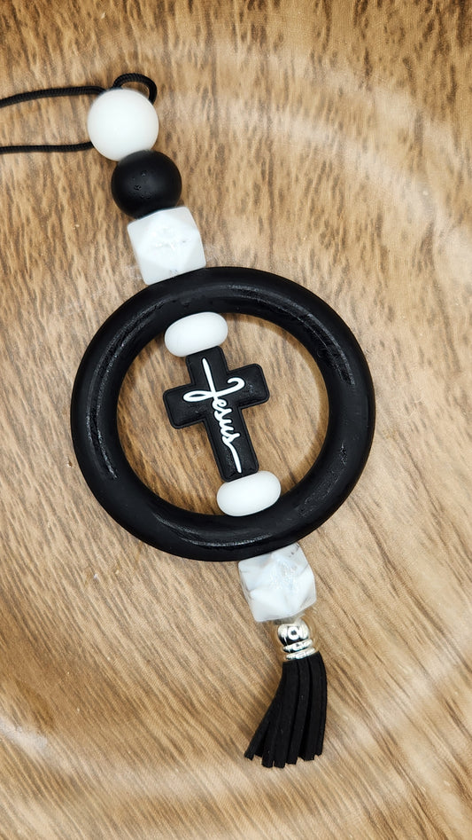 Car Charm-Jesus Cross (Black & White)