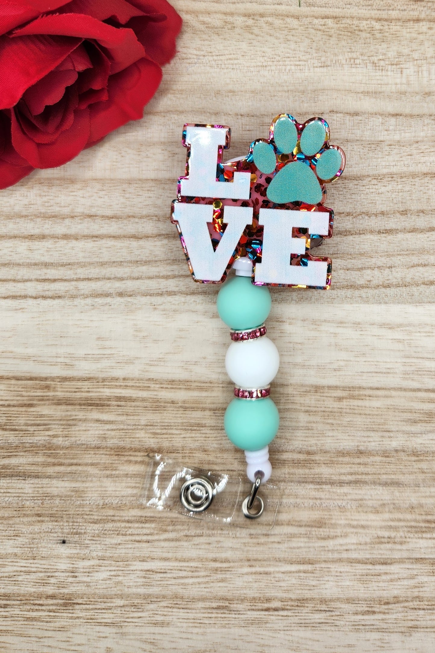 Badge Reel-LOVE Pawprint (Mint)