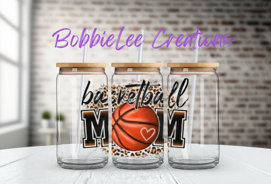 16oz Glass or Plastic Cup-Basketball Mom Leopard SF