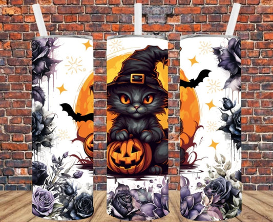 Stainless Steel Tumbler 20oz - Black Witch Cat Black Roses SF