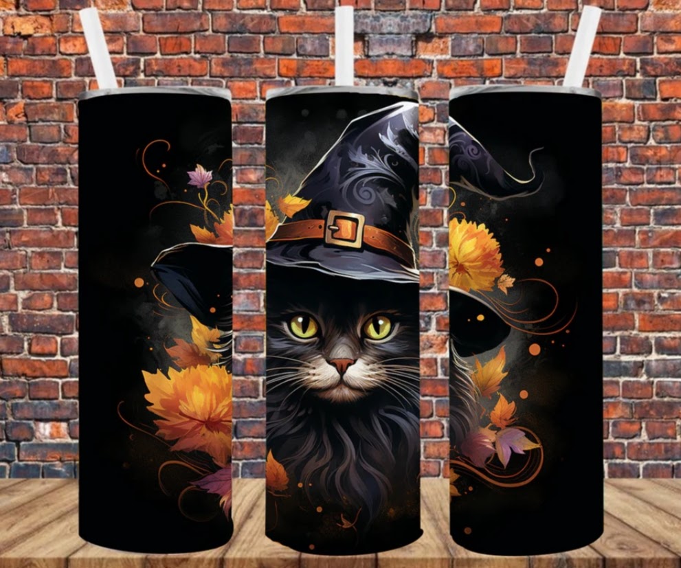 Stainless Steel Tumbler 20oz - Black Witch Cat Orange Leaves SF