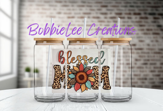 16oz Glass or Plastic Cup-Blessed Mom (Leopard Sunflower)