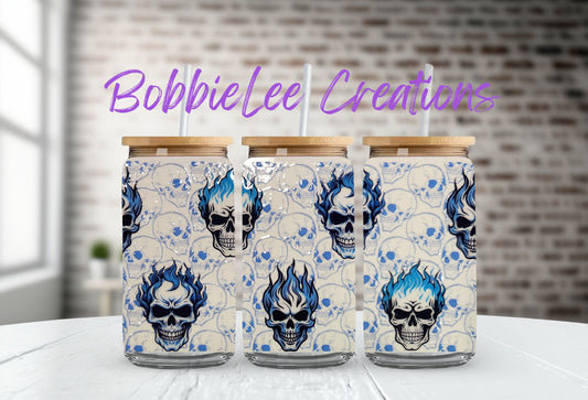 16oz Glass or Plastic Cup-Blue Flame Skulls