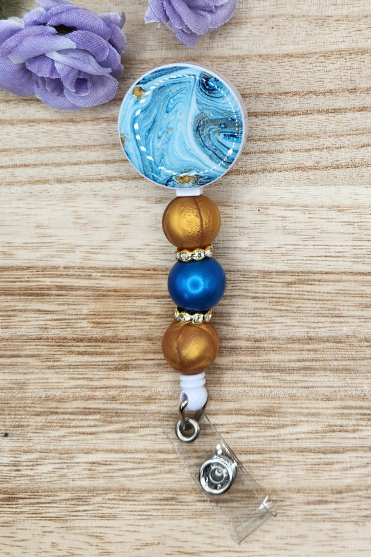 Badge Reel-Blue Marble & Gold