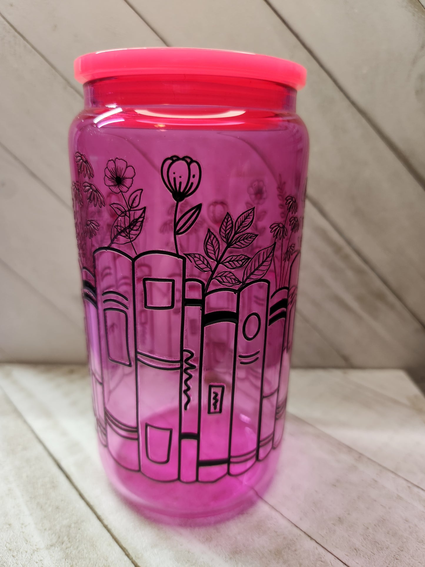 16oz Glass or Plastic Cup-Books and Flowers MC (Black)