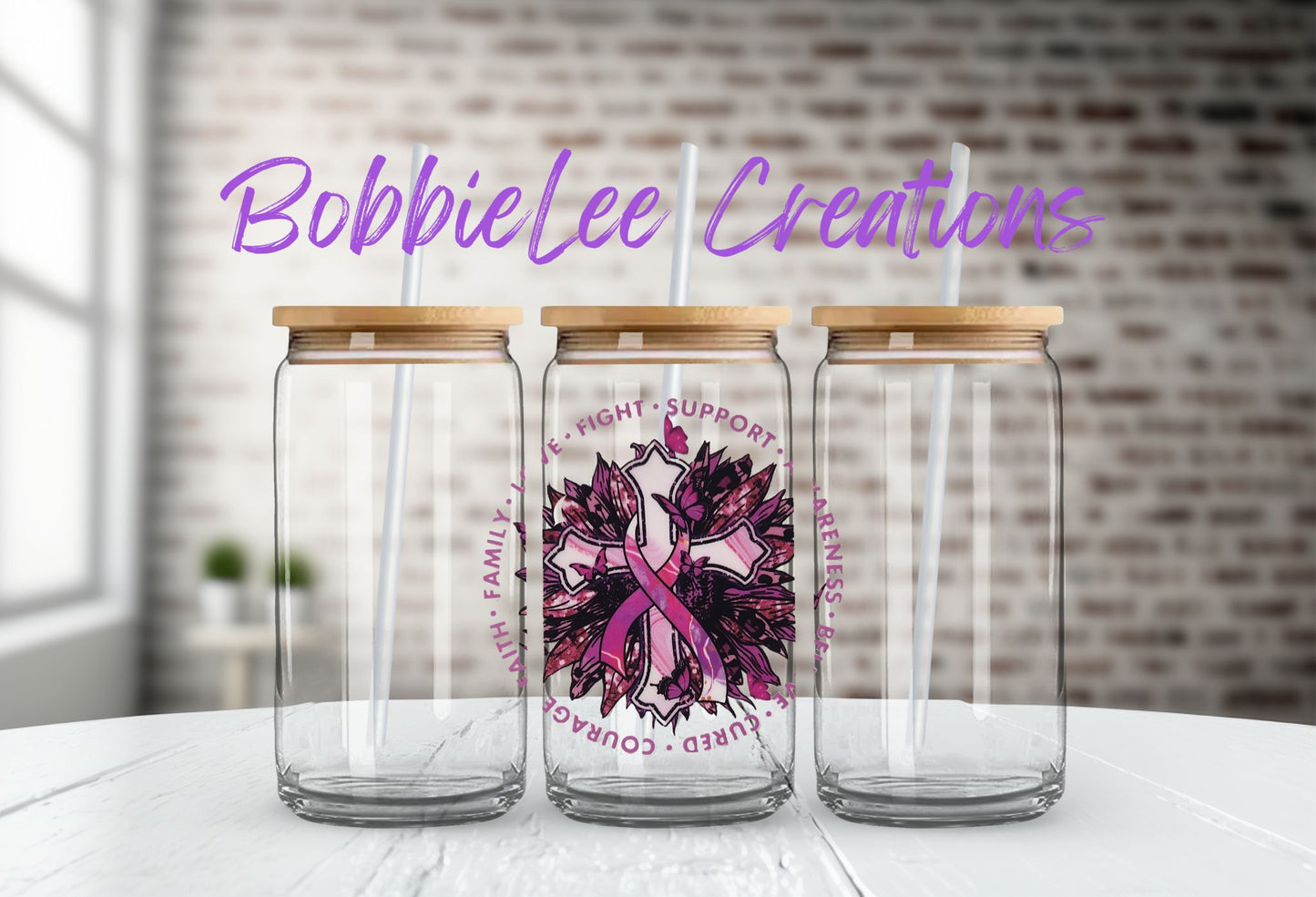 16oz Glass or Plastic Cup - Breast Cancer Cross SF