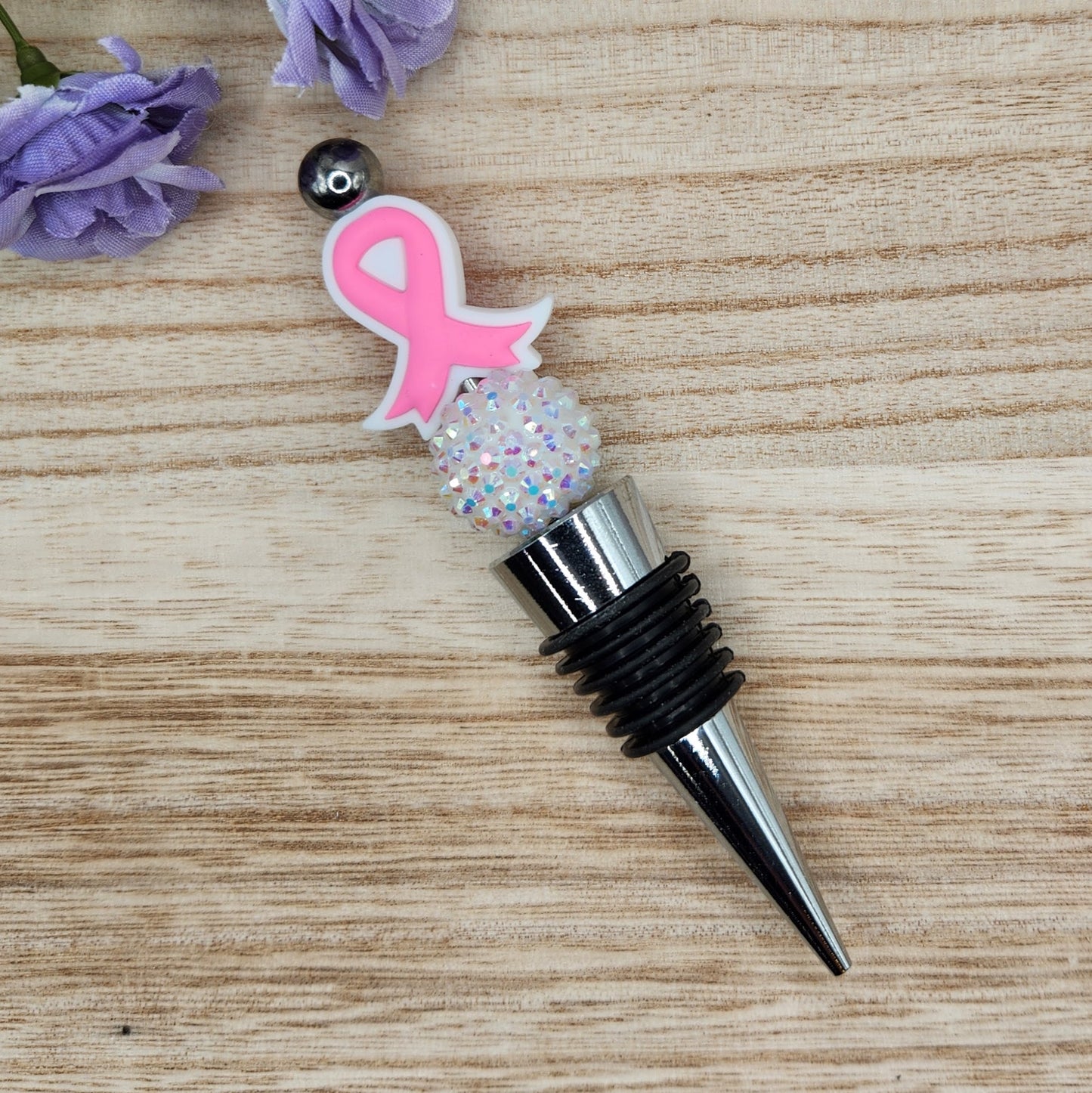 Wine Stopper-Breast Cancer Ribbon-Bright Pink (Silver)