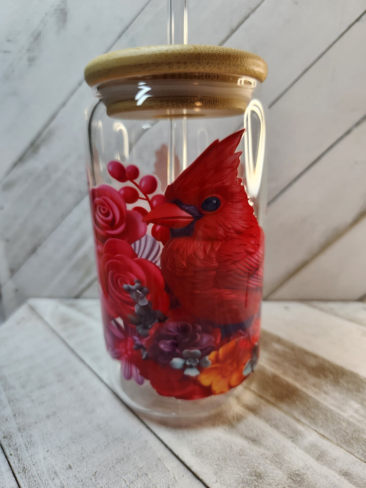 16oz Glass or Plastic Cup-Cardinal & Roses