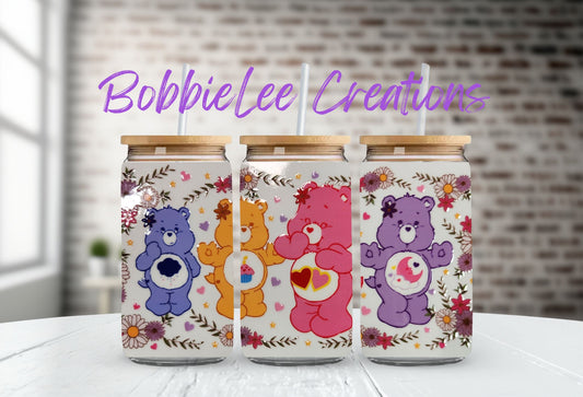 16oz Glass or Plastic Cup-Care Bears Daisies