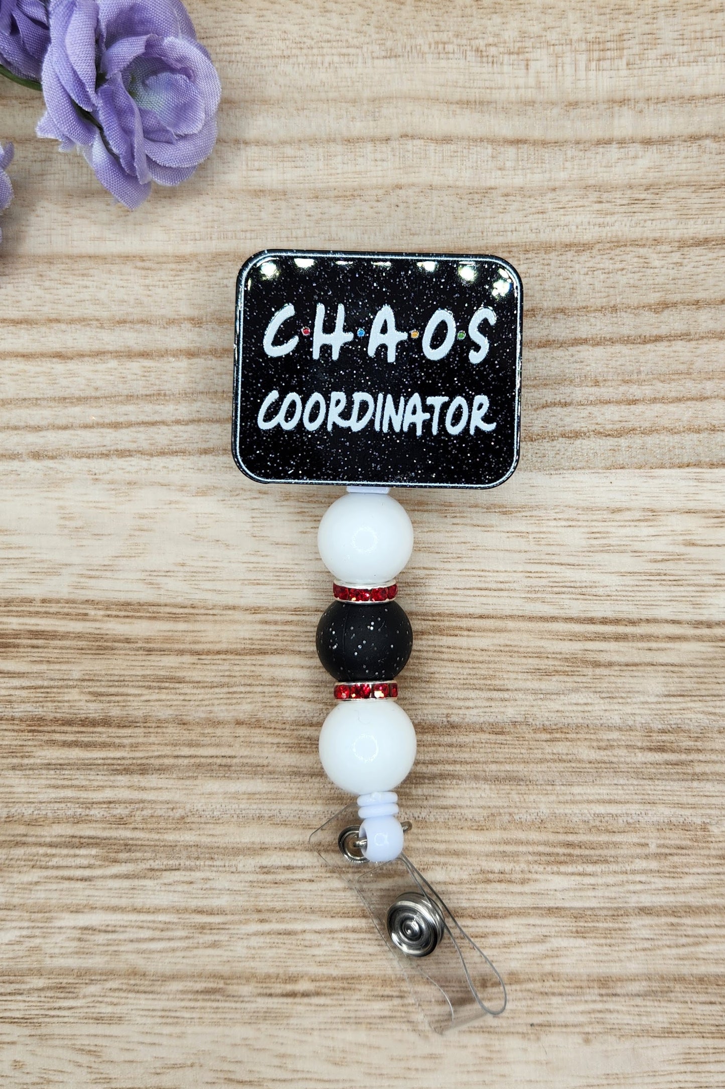 Badge Reel-Chaos Coordinator (Black Glitter)