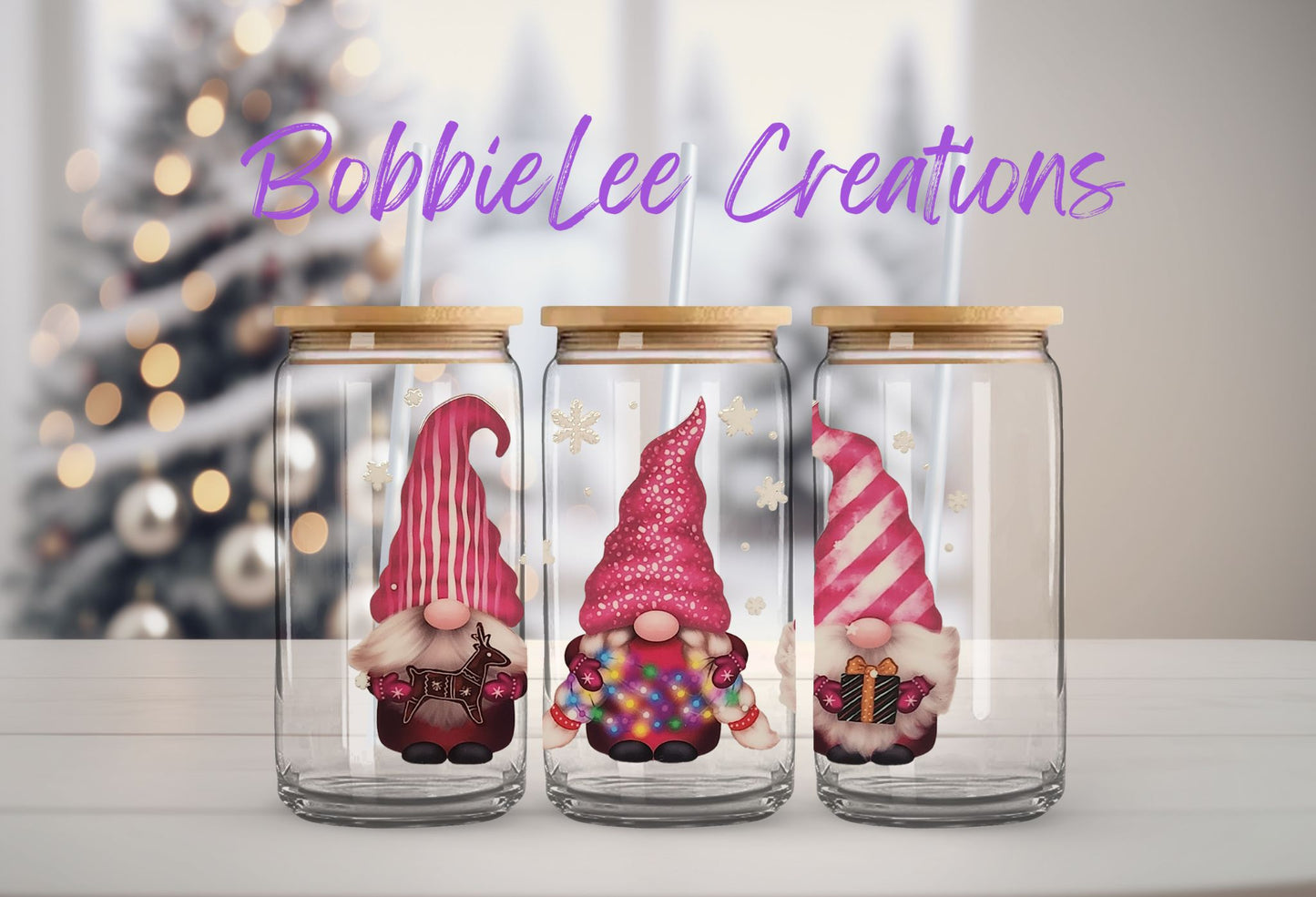 16oz Glass or Plastic Cup - Christmas Gnomes KKC (Pink)