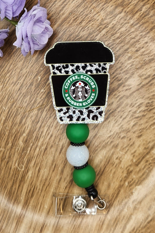 Badge Reel-Coffee Scrubs Rubber Gloves (Black Leopard)