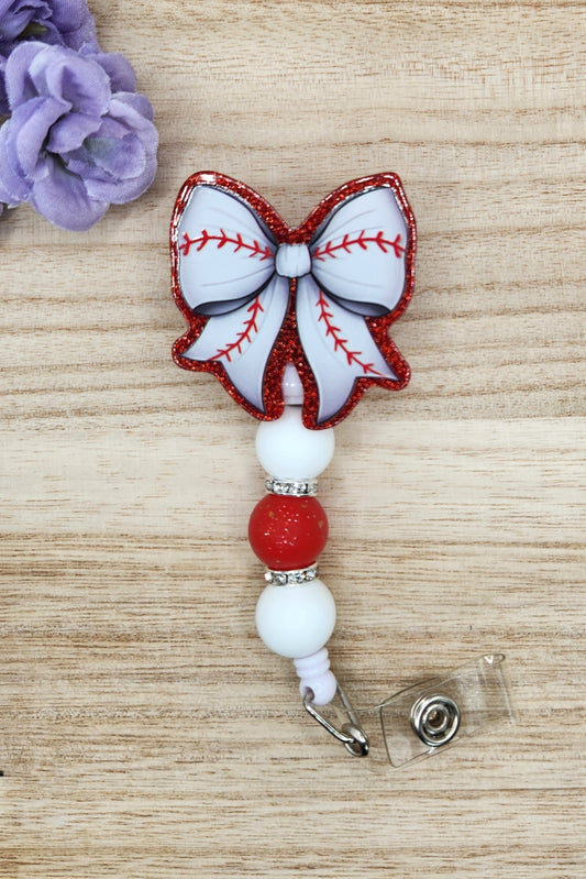 Badge Reel-Coquette Bow-Baseball (Red Glitter) SP019