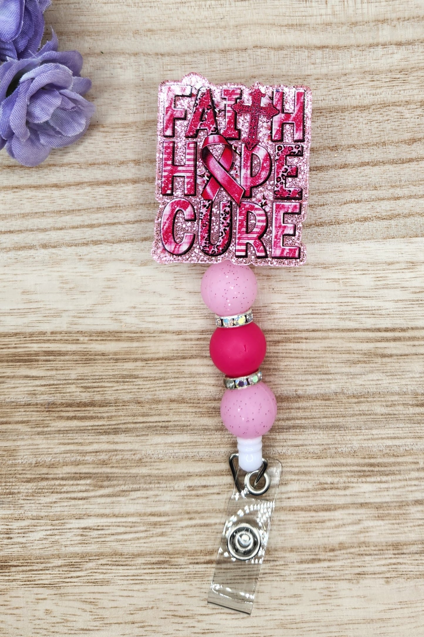 Badge Reel-Faith Hope Cure (Pink Glitter)