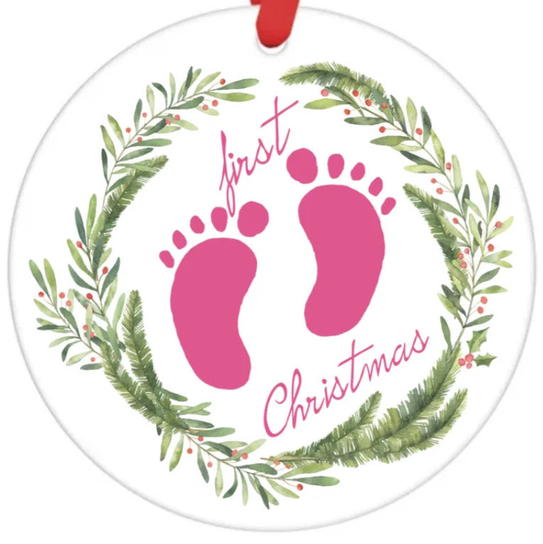 Acrylic Ornament-First Christmas Pink Footprints SF