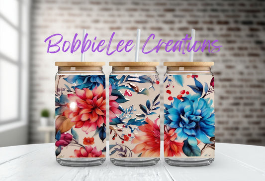 16oz Glass or Plastic Cup-Blue & Coral Floral