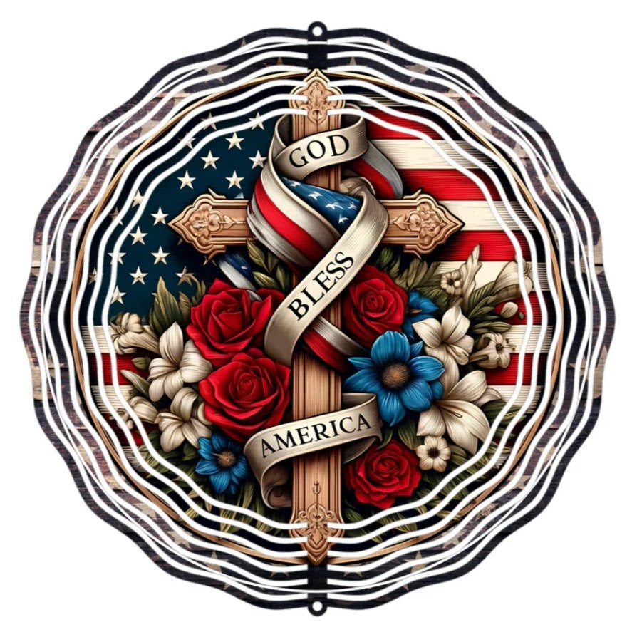 Wind Spinner 8" - God Bless America (Floral Cross & Flag)