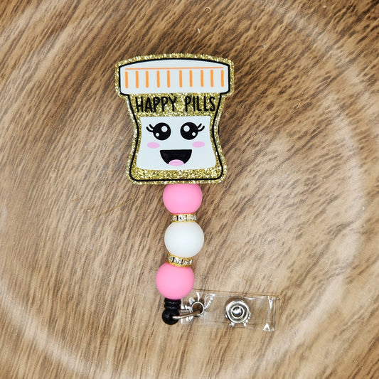 Badge Reel-Happy Pill (Pink & Gold)