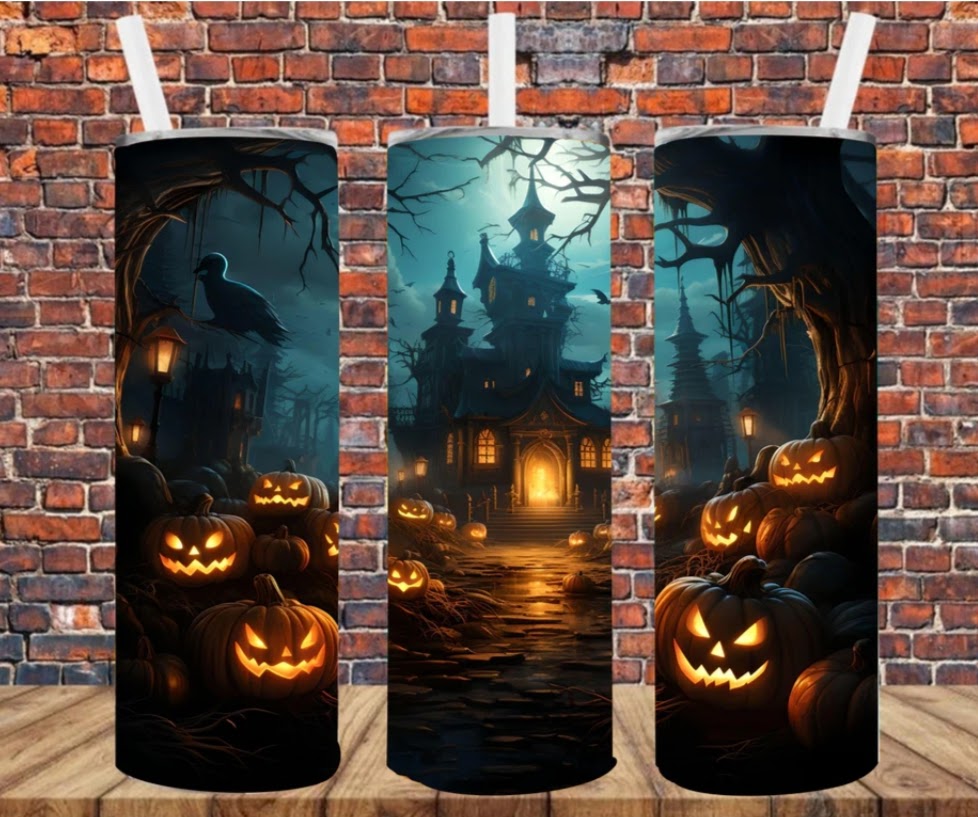 Stainless Steel Tumbler 20oz - Haunted House & Pumpkins SF