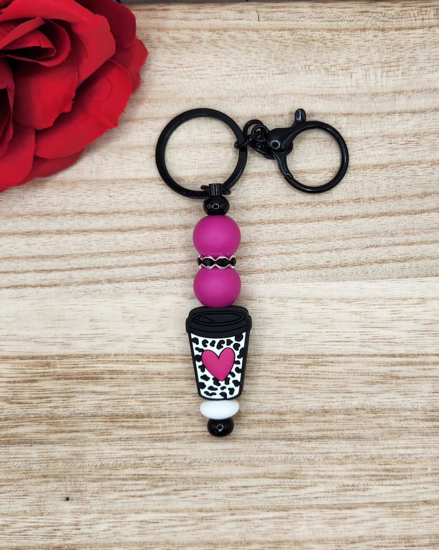 Keychain-Heart Coffee Cup Cowprint (Fuchsia)