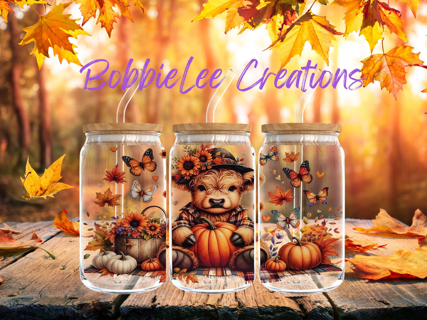 16oz Glass or Plastic Cup - Fall Highland Cow Pumpkins SM