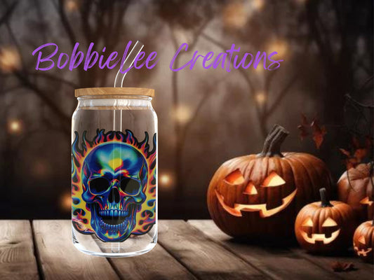 16oz Glass or Plastic Cup - Holo Skull Flames SM