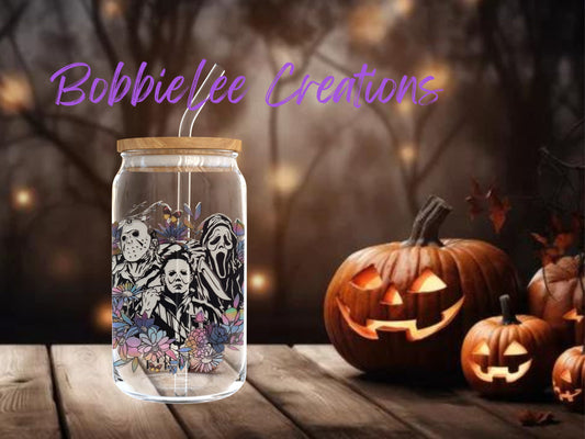 16oz Glass or Plastic Cup - Horror Characters (Floral) KKC