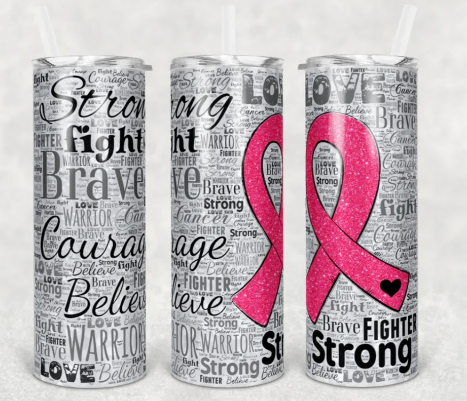 Stainless Steel Tumbler 20oz - Hot Pink Ribbon Newsprint SF