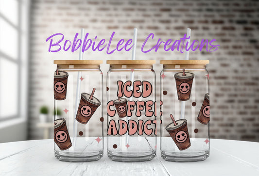 16oz Glass or Plastic Cup-Iced Coffee Addict Smiley Cups SK