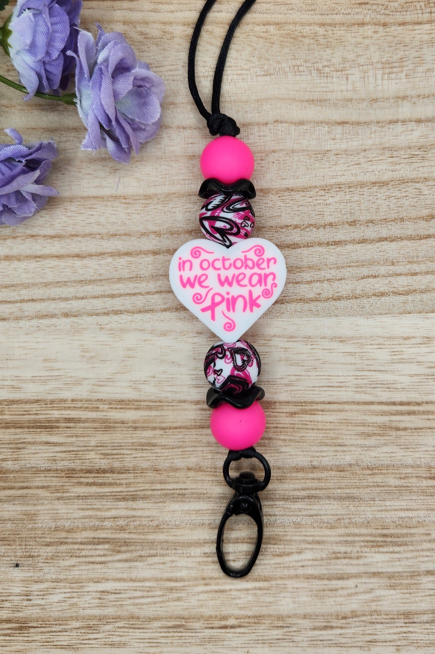 Lanyard-In October We Wear Pink (Black Hearts)