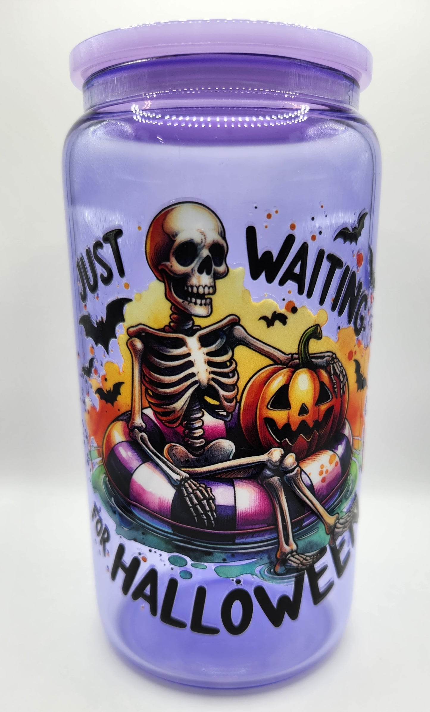 16oz Glass or Plastic Cup -Just Waiting for Halloween Skeleton SM