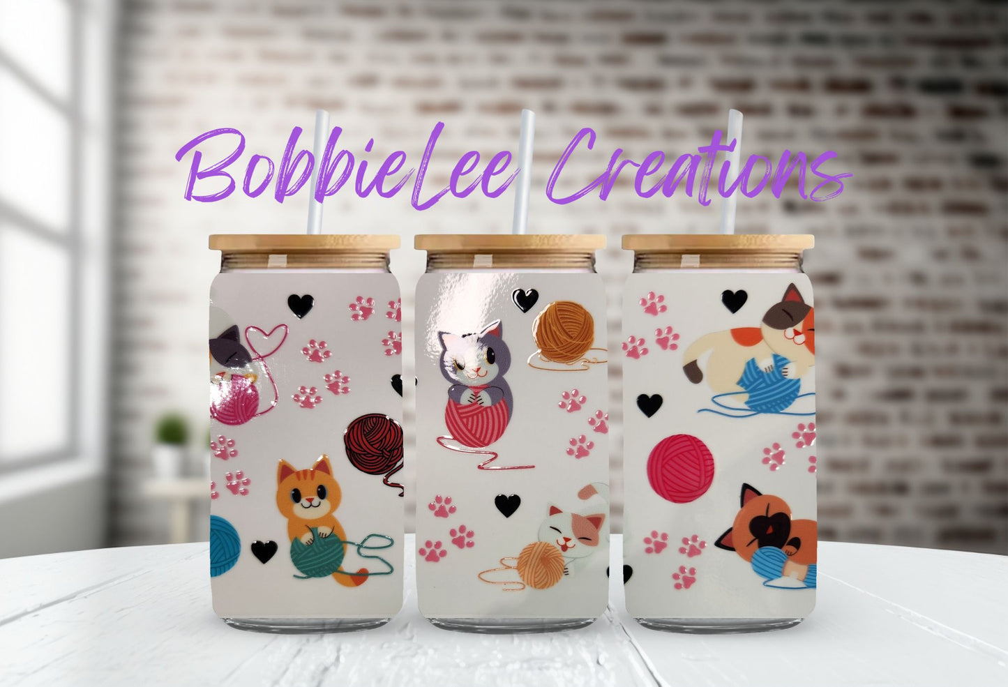 16oz Glass or Plastic Cup-Kittens & Yarn Balls