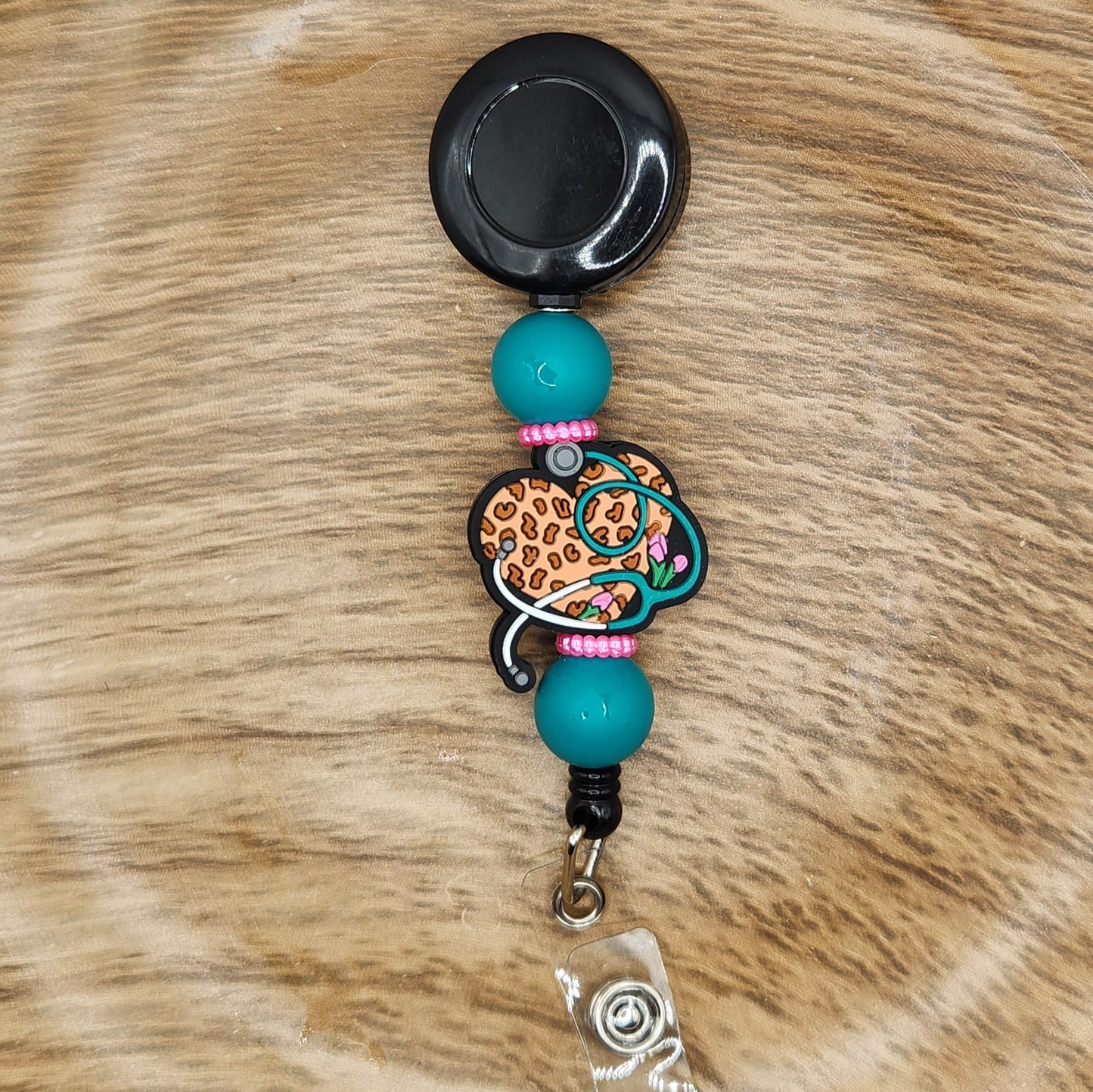 Badge Reel-Leopard Heart Stethoscope