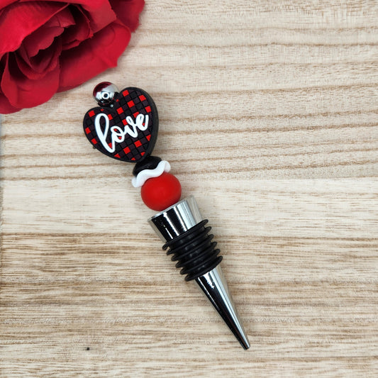 Wine Stopper-Love Checkered Heart (Silver)