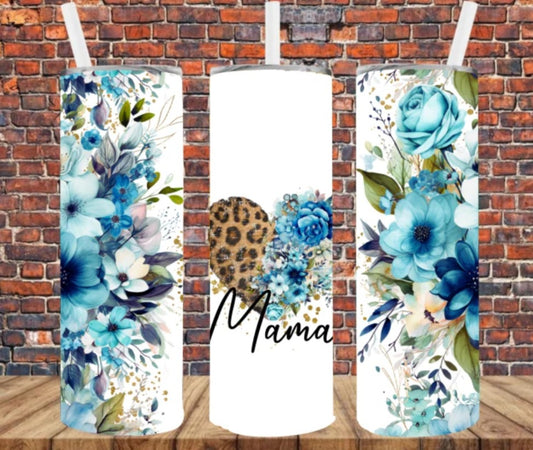 Stainless Steel Tumbler 20oz - Mama Leopard Heart SF (Blue Floral)