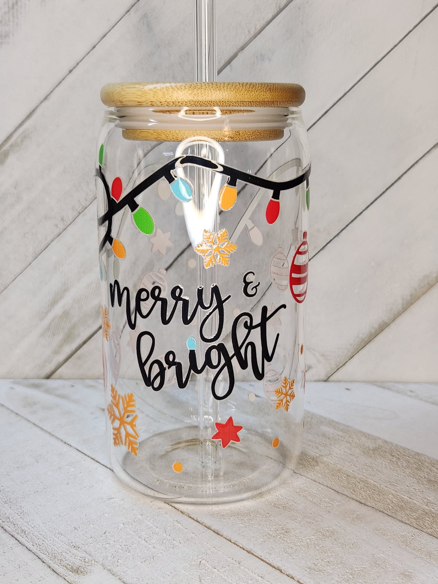 16oz Glass or Plastic Cup - Merry & Bright Ornaments KKC