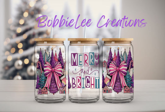 16oz Glass or Plastic Cup - Merry & Bright (Purple & Pink) BL