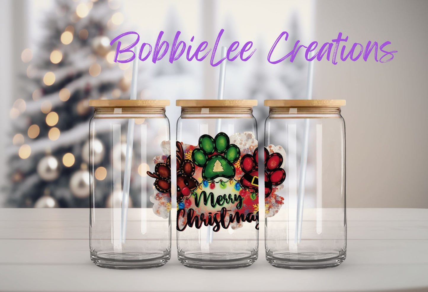 16oz Glass or Plastic Cup - Merry Christmas Pawprints SM