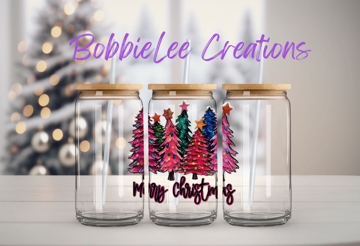 16oz Glass or Plastic Cup - Merry Christmas Pink Trees SM