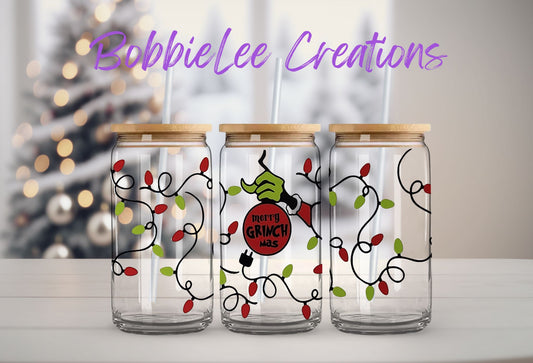 16oz Glass or Plastic Cup-Merry Grinchmas Red & Green Lights LC