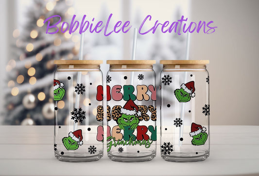 16oz Glass or Plastic Cup-Merry Grinchmas Stacked LC